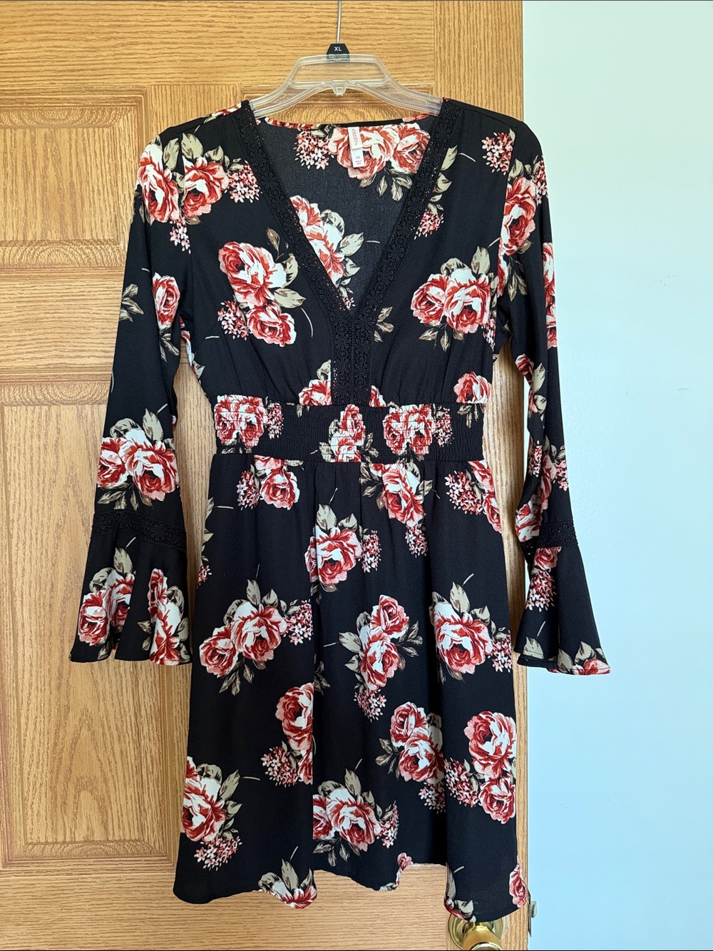 Xhilaration Black Dress with Red Rose Print, Long Sleeves